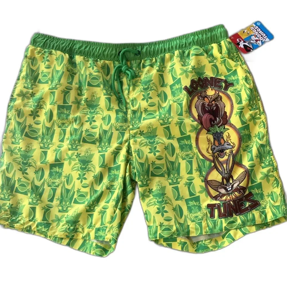 LOONEY TUNES Tiki Swim Trunks Taz Daffy Bugs Mens Neon Green Yellow NEW XL